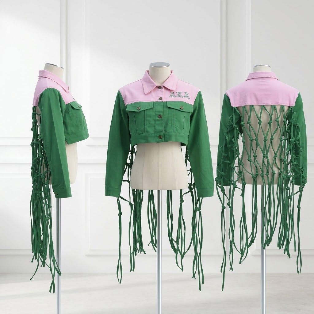 AKA Apparel Small Pink Green Denim Fringe Jacket