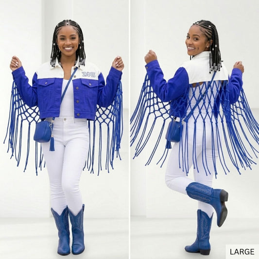 ZPB Apparel Large Blue White Denim Fringe Jacket