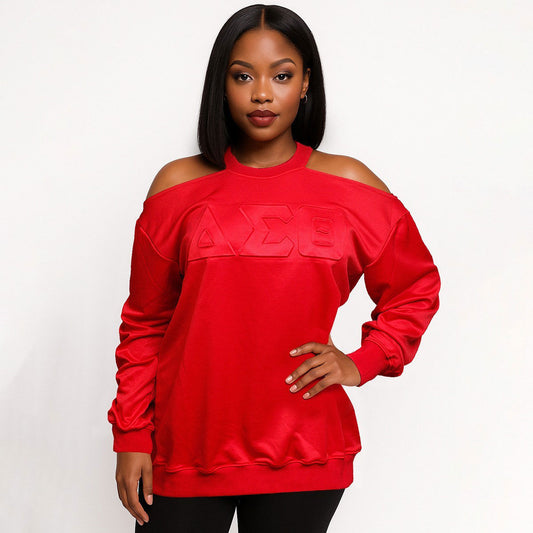 DST Greek Merch L Red Cold Shoulder Sweatshirt