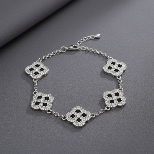 Black Encrusted Quatrefoil Motif Silver Bracelet