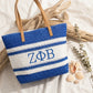 ZPB Faded Blue Raffia Embroidered Beach Tote Bag