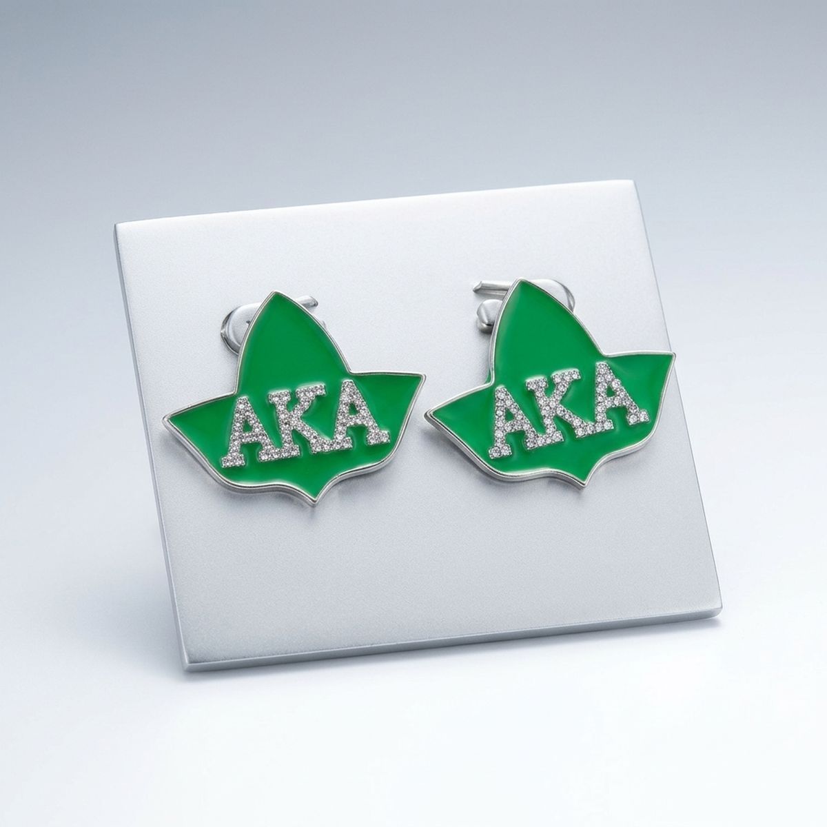 AKA Green Ivy Leaf Rhinestone Silver Stud Earrings