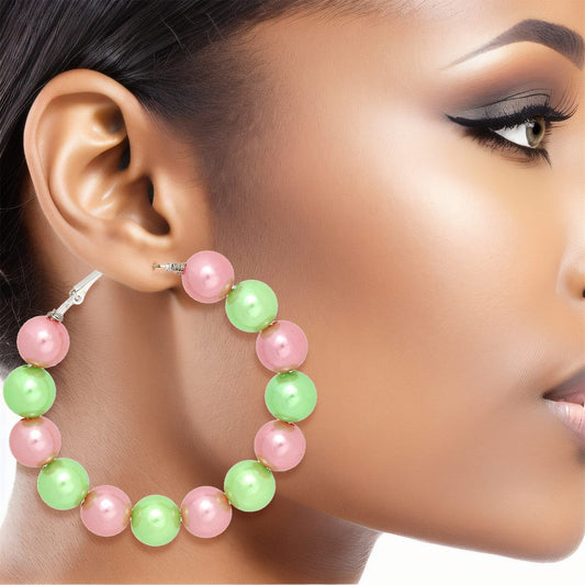 AKA Sorority Pink Green 60mm Pearl Hoop Earrings