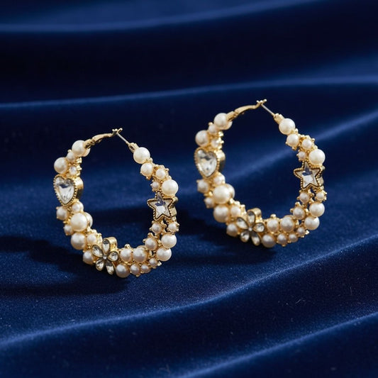 Hoop Cream Pearl Crystal Heart Star Flower Earrings