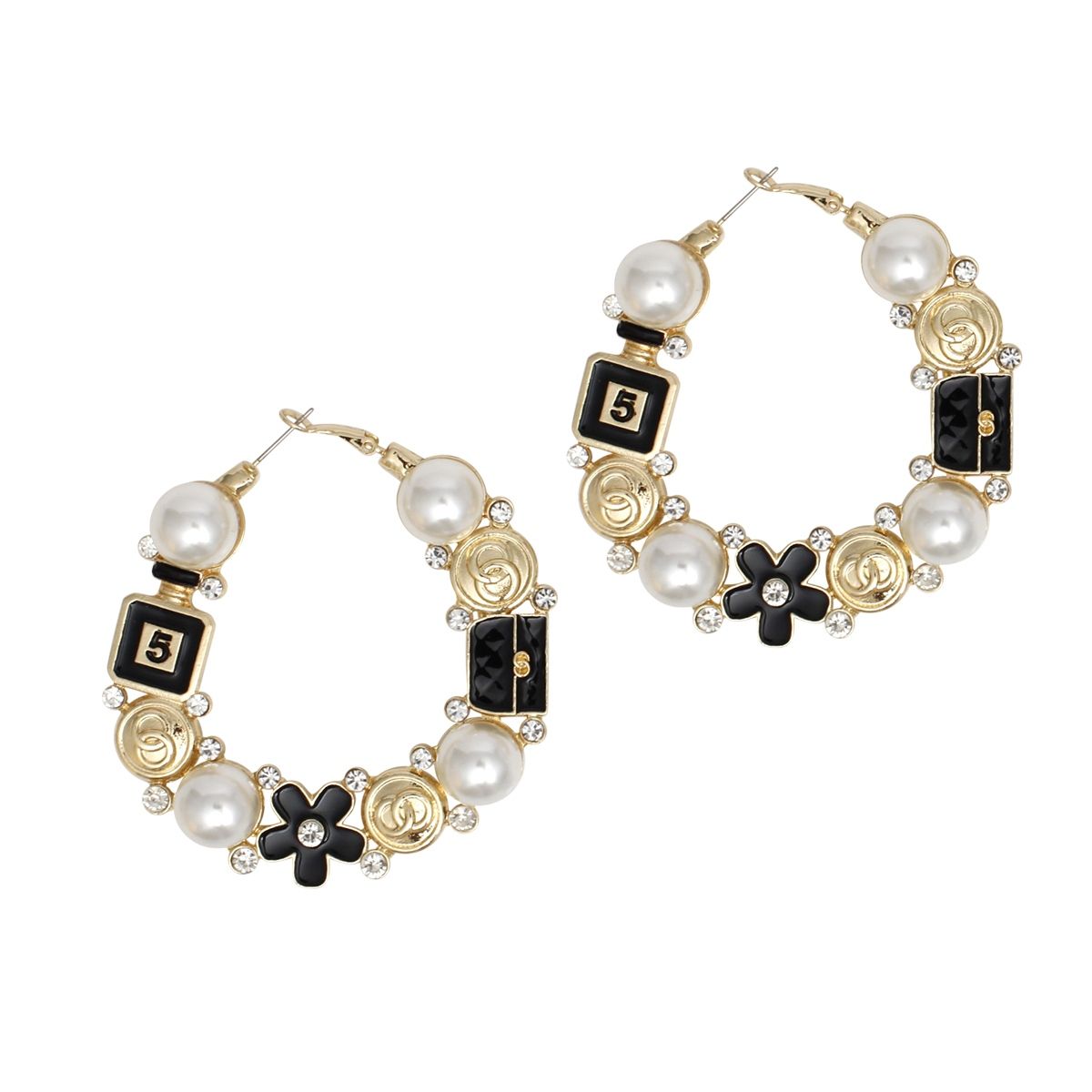 Hoop Uptown Glam Pearl Gold and Black Earrings