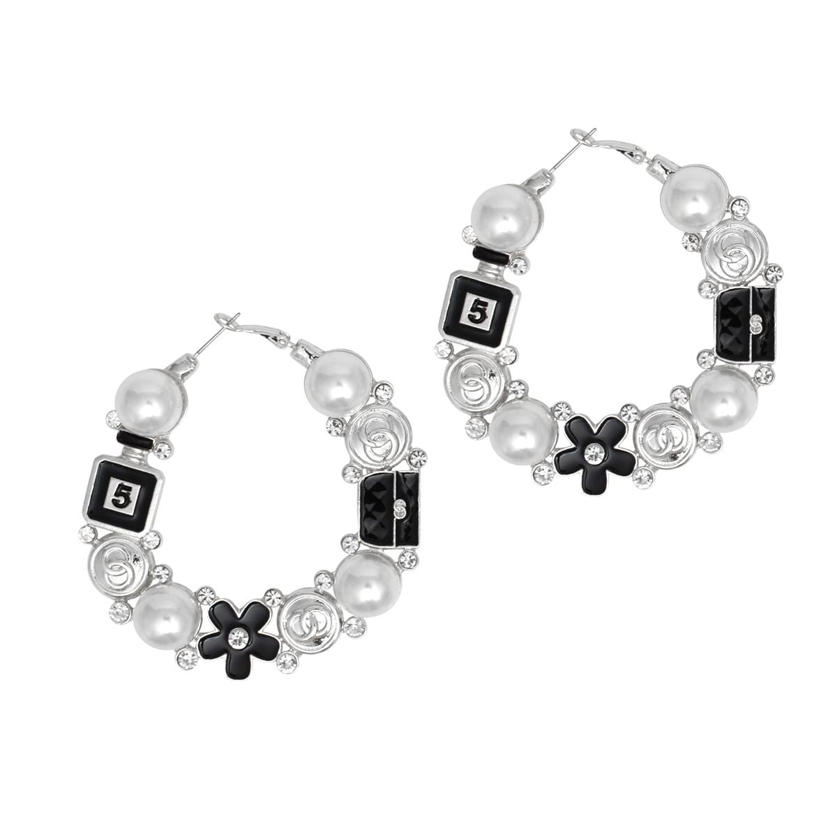 Hoop Uptown Glam Pearl Silver and Black Earrings