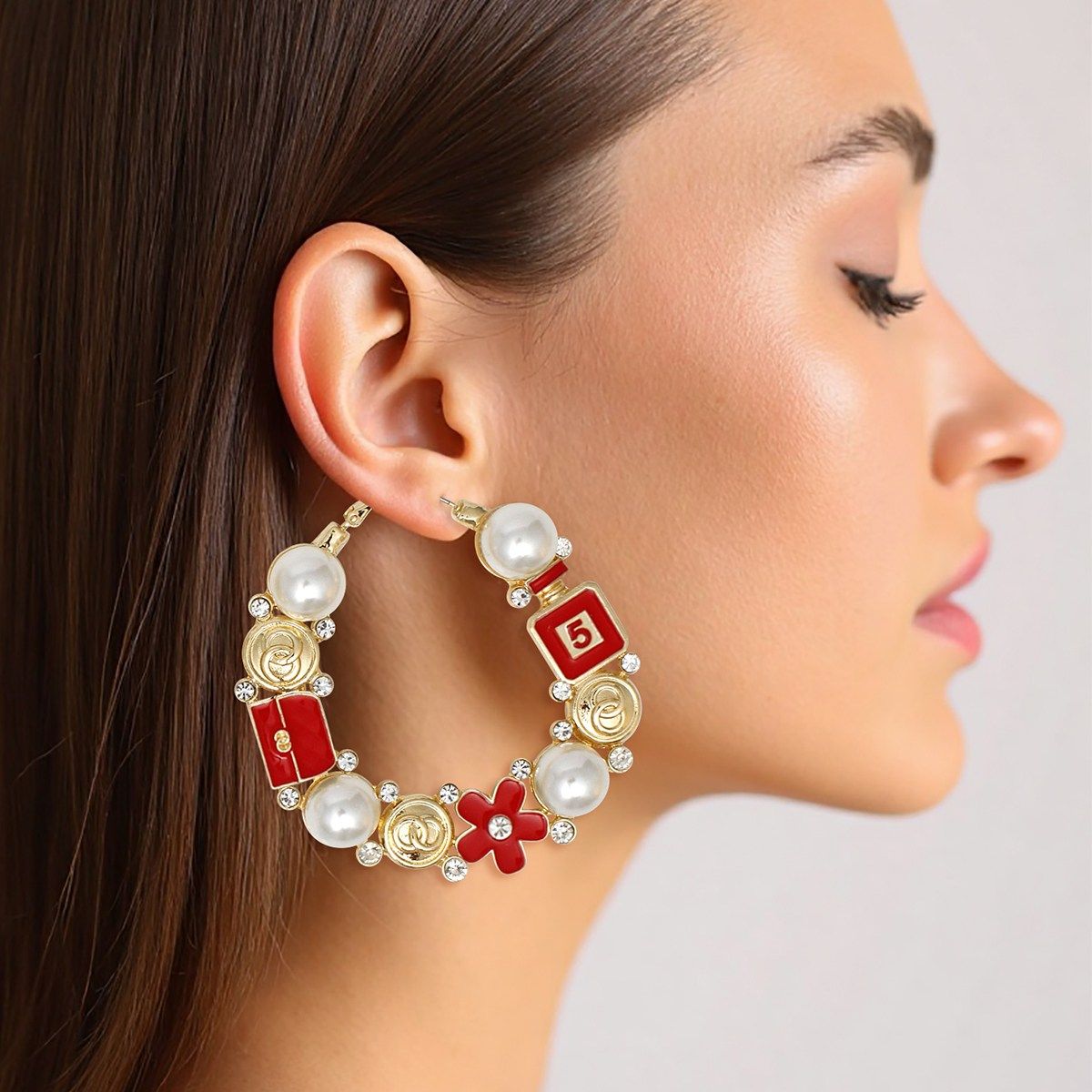 Hoop Uptown Glam Pearl Gold and Red Earrings