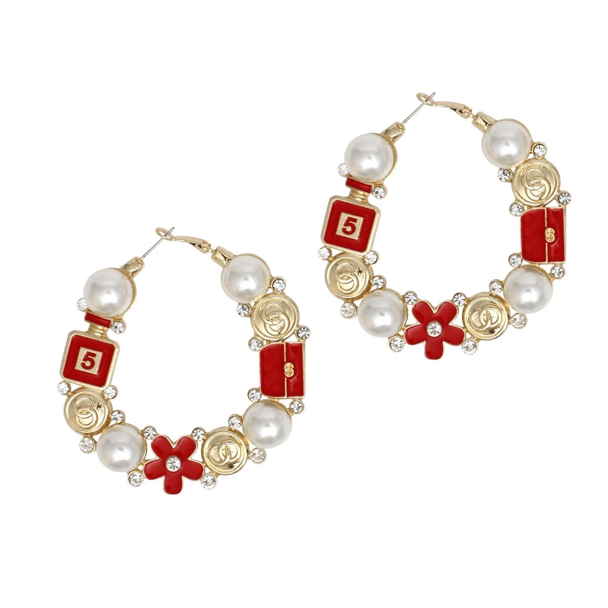 Hoop Uptown Glam Pearl Gold and Red Earrings