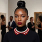 DST Scalloped Red White Pearl Collar Necklace