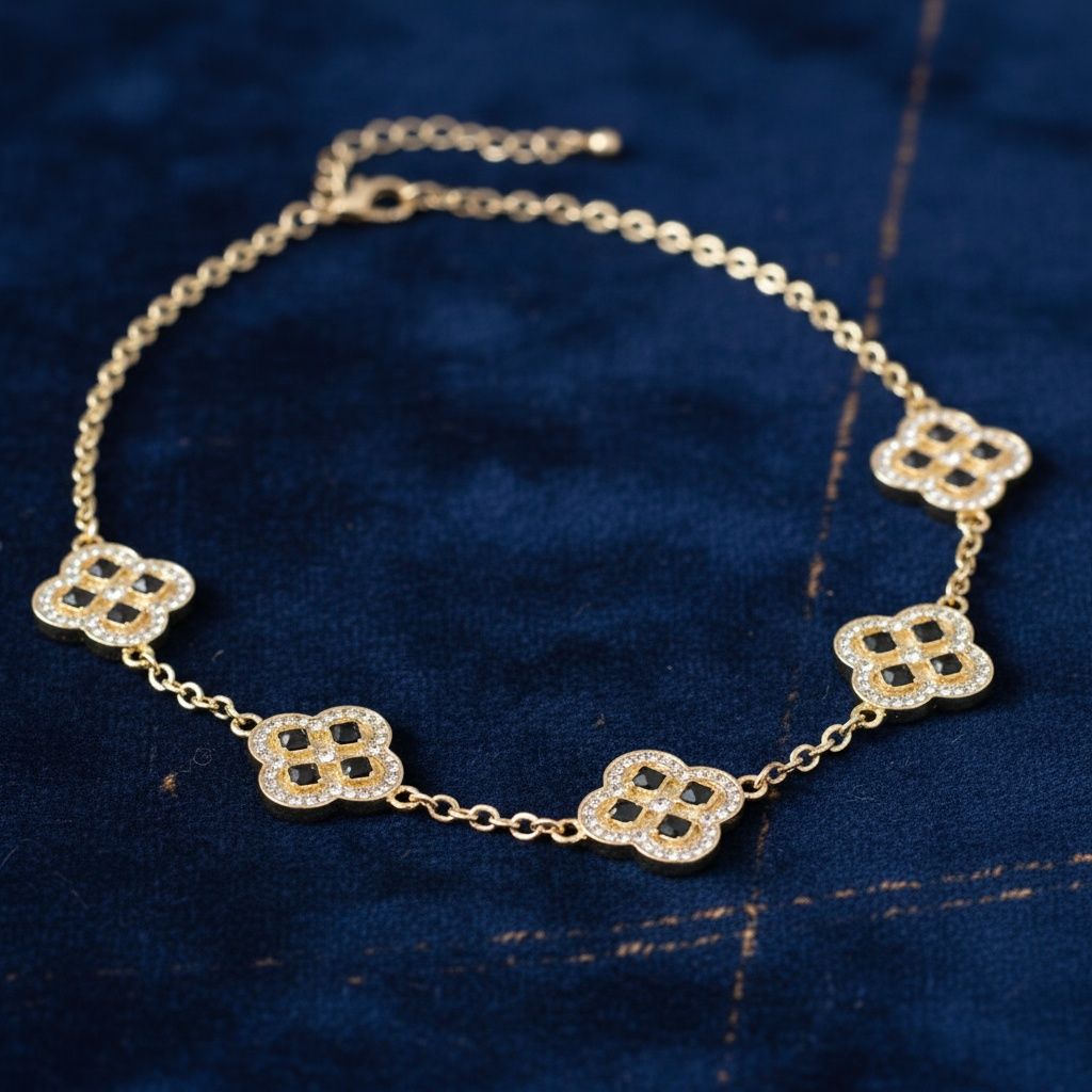 Black Encrusted Quatrefoil Motif Gold Necklace