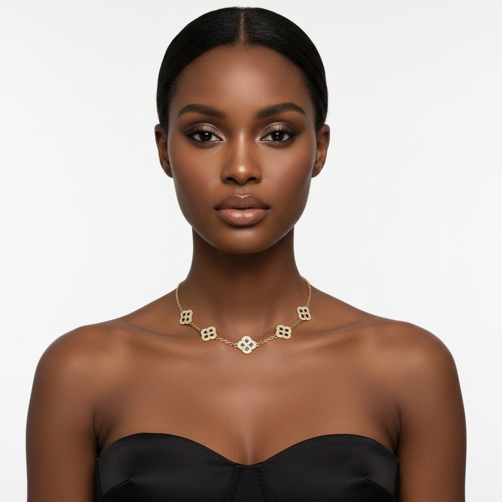 Black Encrusted Quatrefoil Motif Gold Necklace