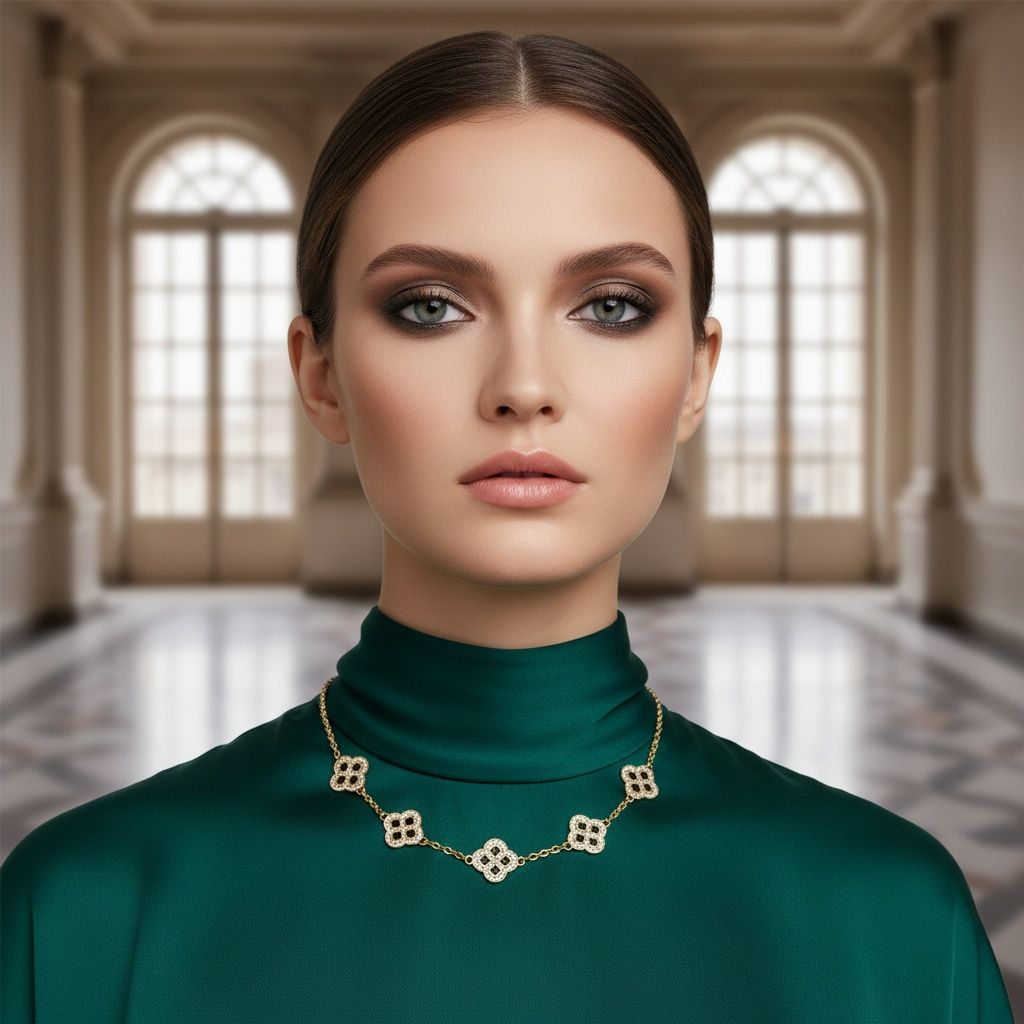 Black Encrusted Quatrefoil Motif Gold Necklace