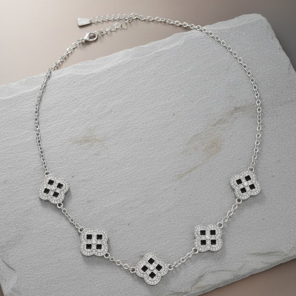 Black Encrusted Quatrefoil Motif Silver Necklace