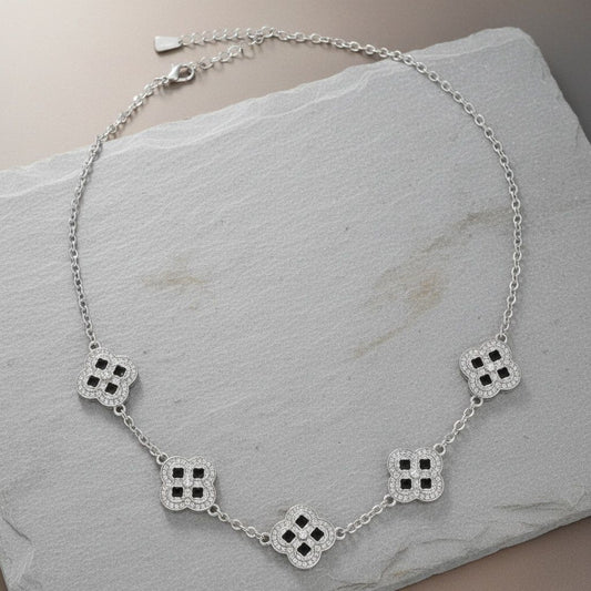 Black Encrusted Quatrefoil Motif Silver Necklace