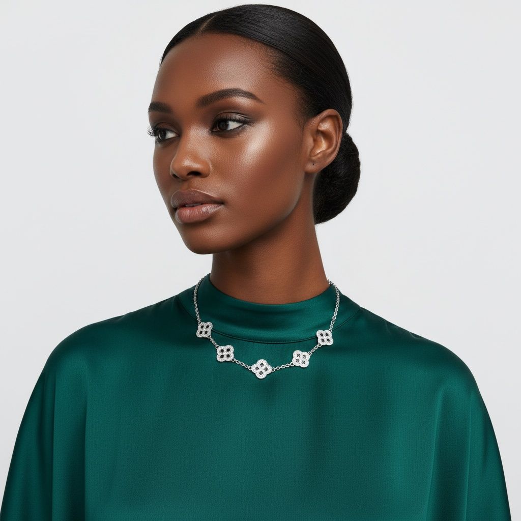 Black Encrusted Quatrefoil Motif Silver Necklace