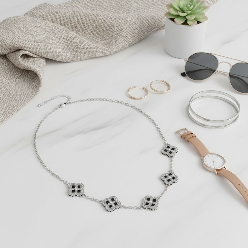 Black Encrusted Quatrefoil Motif Silver Necklace