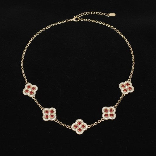 Red Encrusted Quatrefoil 5 Motif Chain Necklace