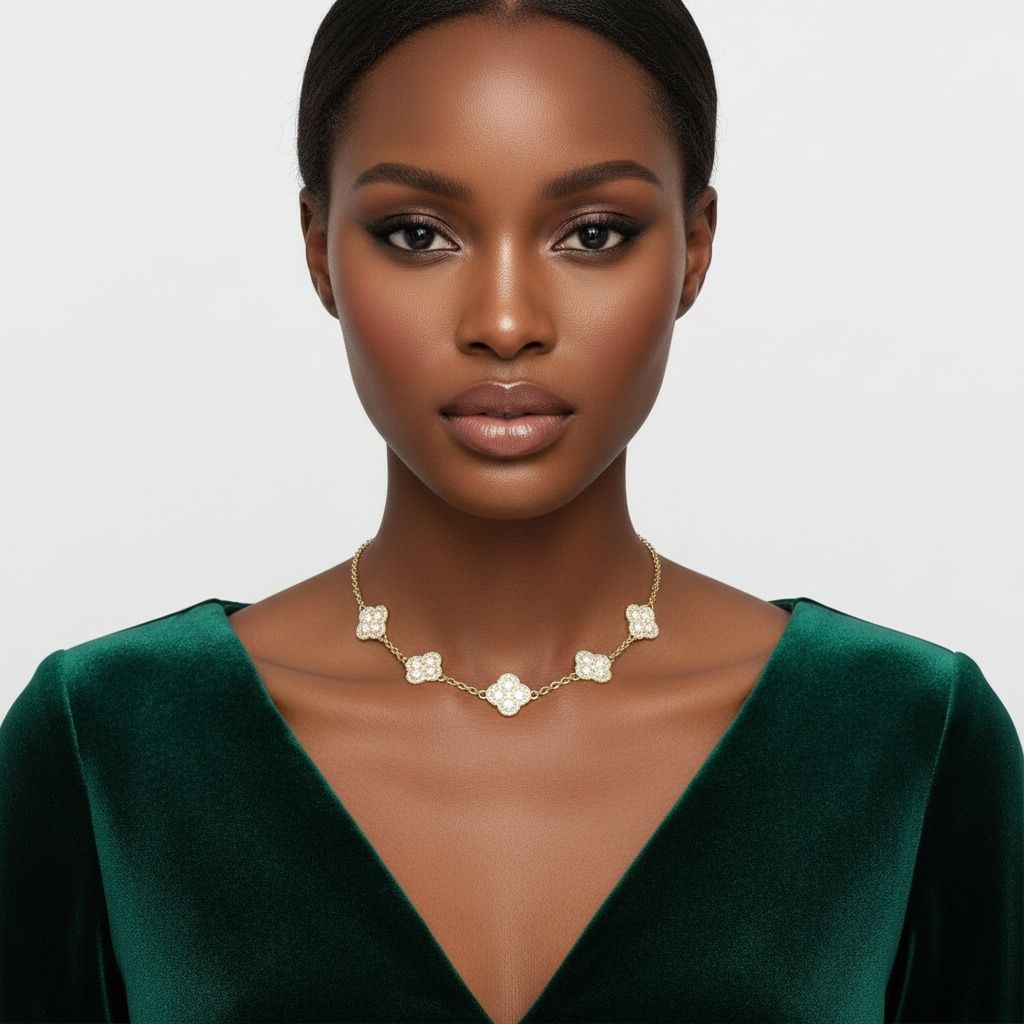 White Encrusted Quatrefoil 5 Motif Chain Necklace