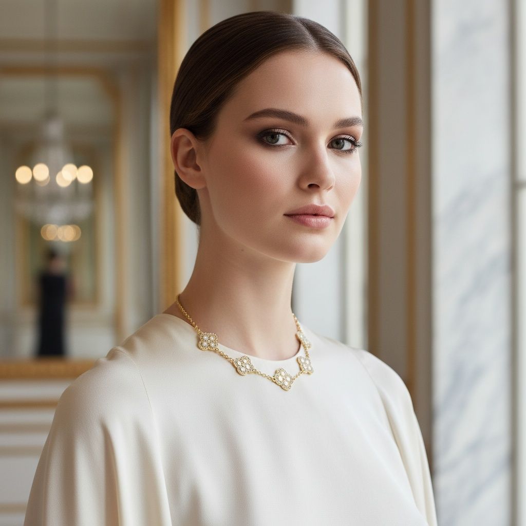 White Encrusted Quatrefoil 5 Motif Chain Necklace