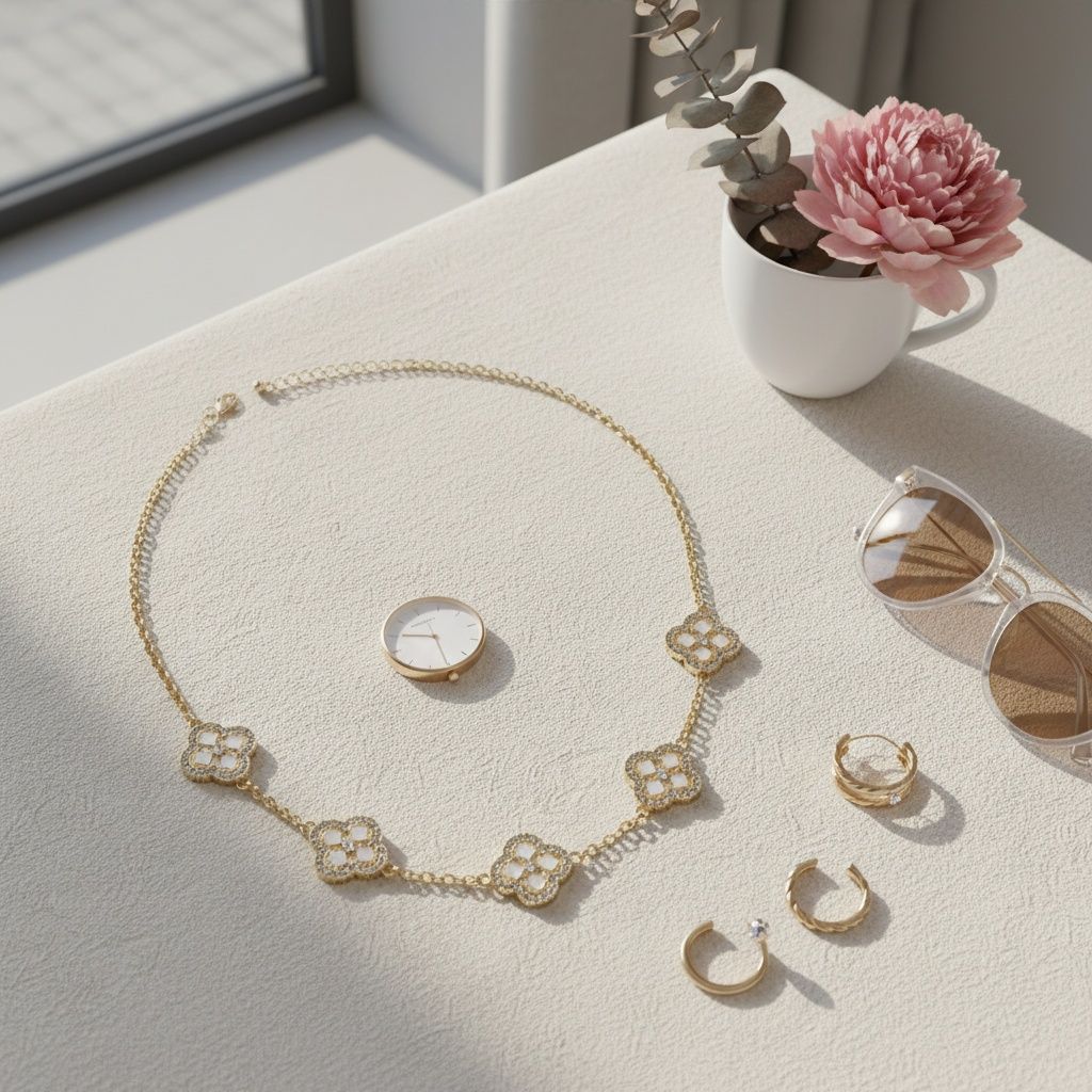 White Encrusted Quatrefoil 5 Motif Chain Necklace