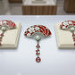 DST Red Floral Pearl Hanfu Fan Dangle Brooch Pin