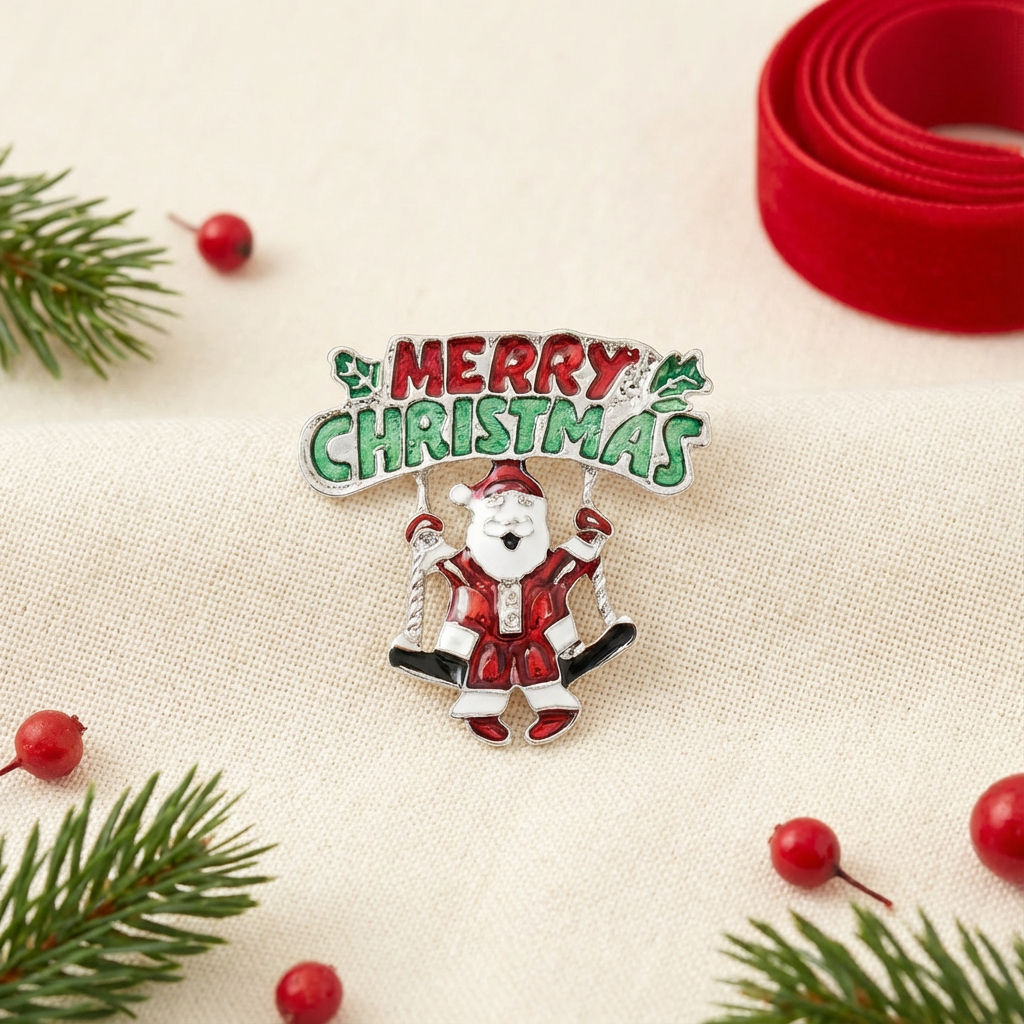 Brooch Merry Christmas Santa Swing Silver Pin