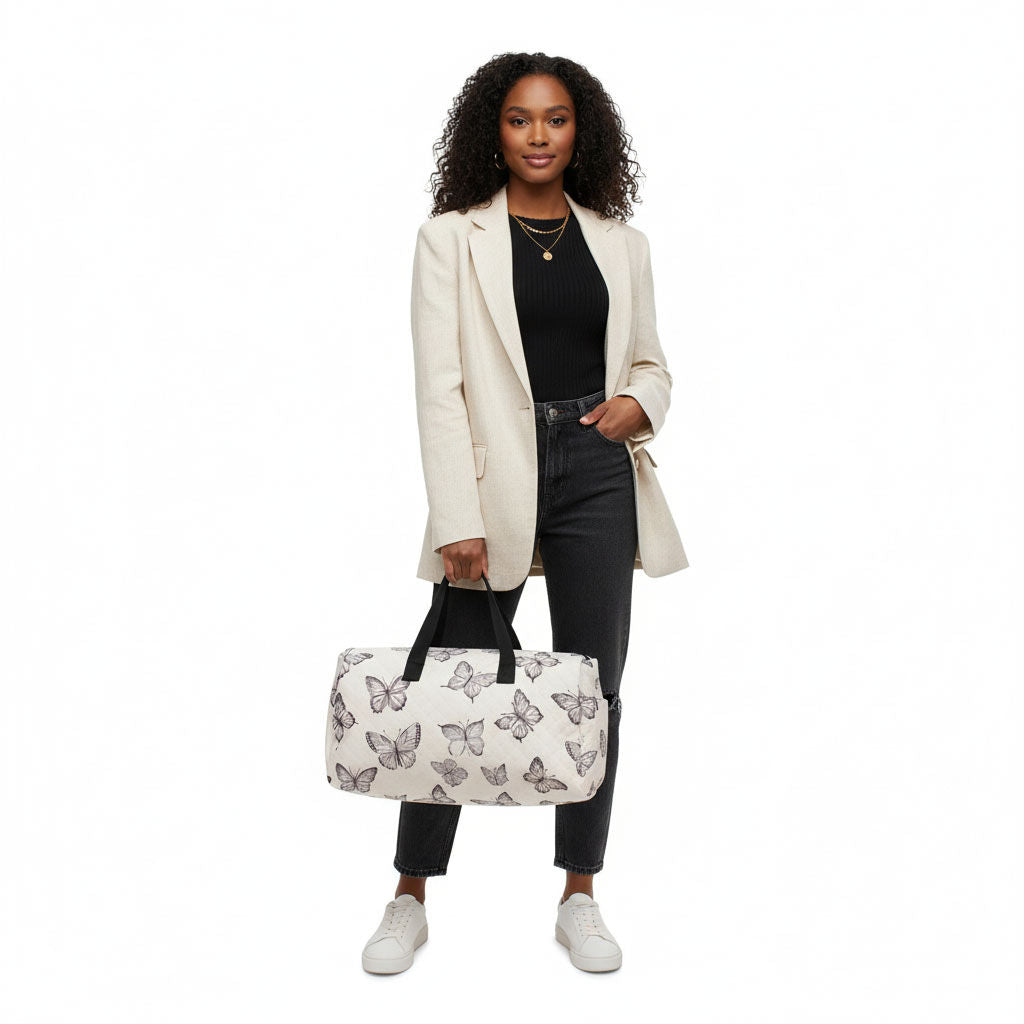 Travel Bag Cream Quilted Black Butterfly Duffel