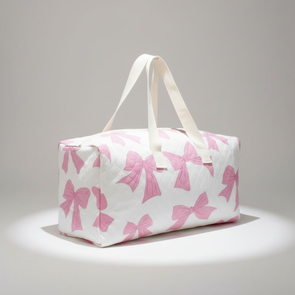 Travel Bag White Quilted Pretty Pink Bow Duffel