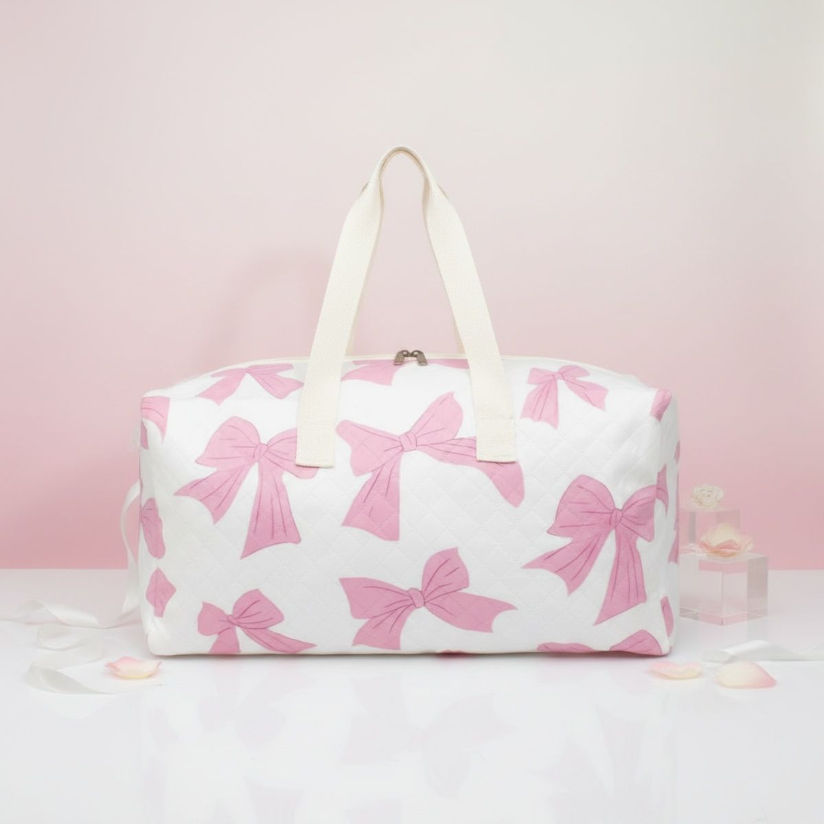 Travel Bag White Quilted Pretty Pink Bow Duffel