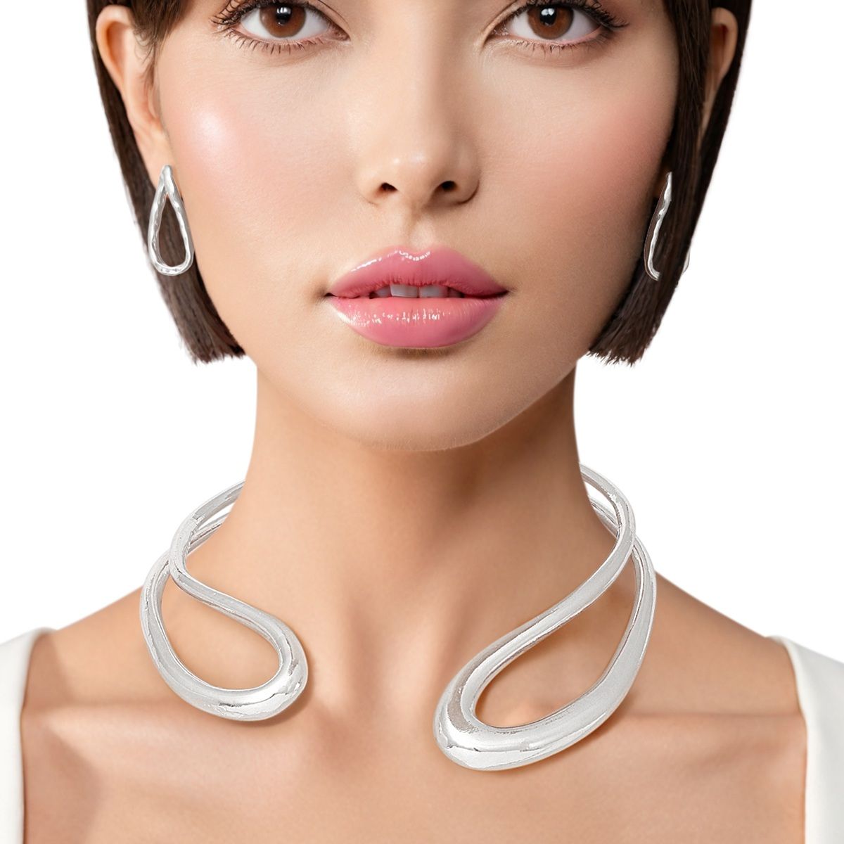 Choker Rigid Looped Silver Metal Hinge Collar