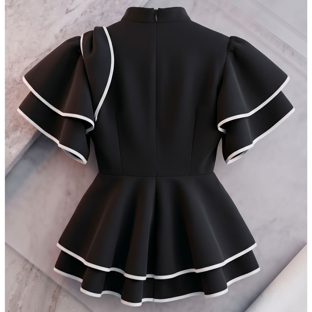 AKA Shield Large Black & White Trim Peplum Top
