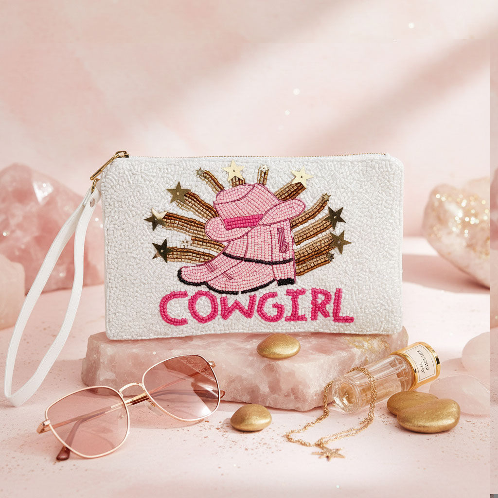 Wristlet White and Pink Cowgirl Bead Zipper Pouch