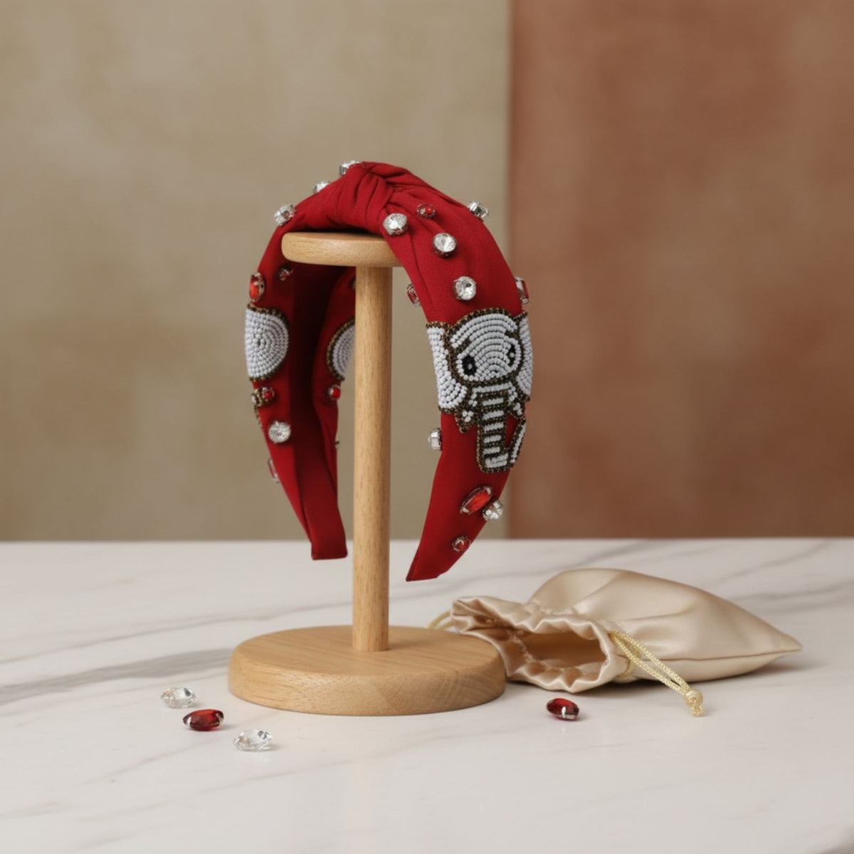 Headband Elephant Embroidered Burgundy Knot Style