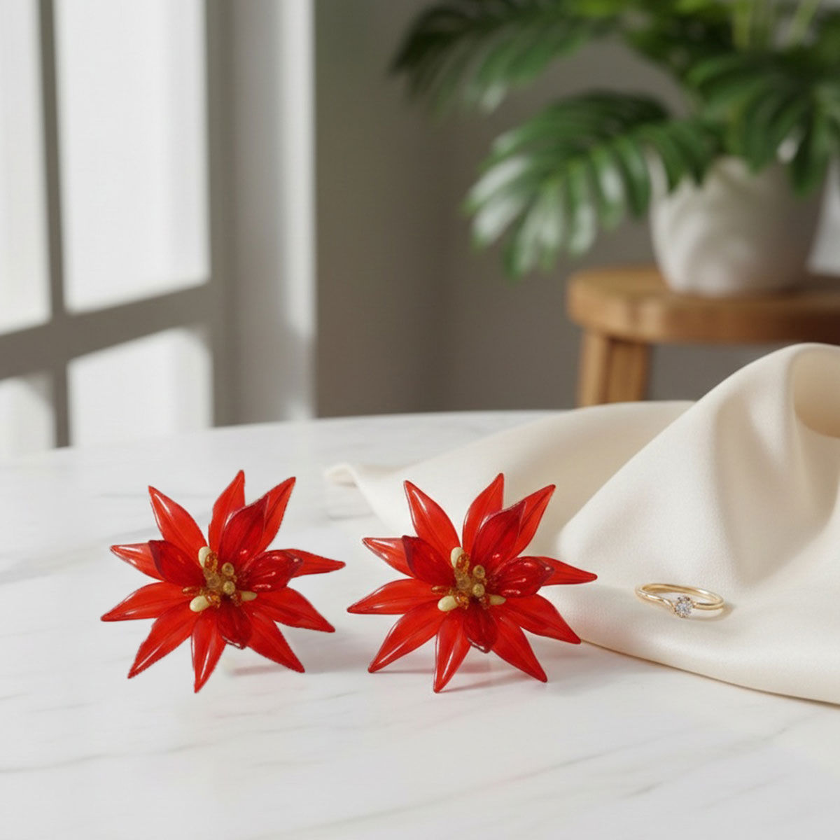 Stud Red Tropical Flower Oversized Petal Earrings