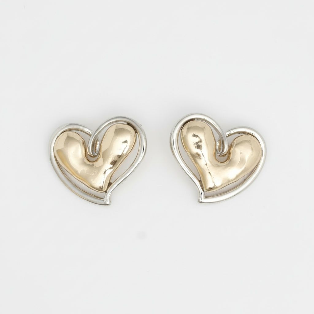 Stud Two Tone Gold Silver Chubby Heart Earrings
