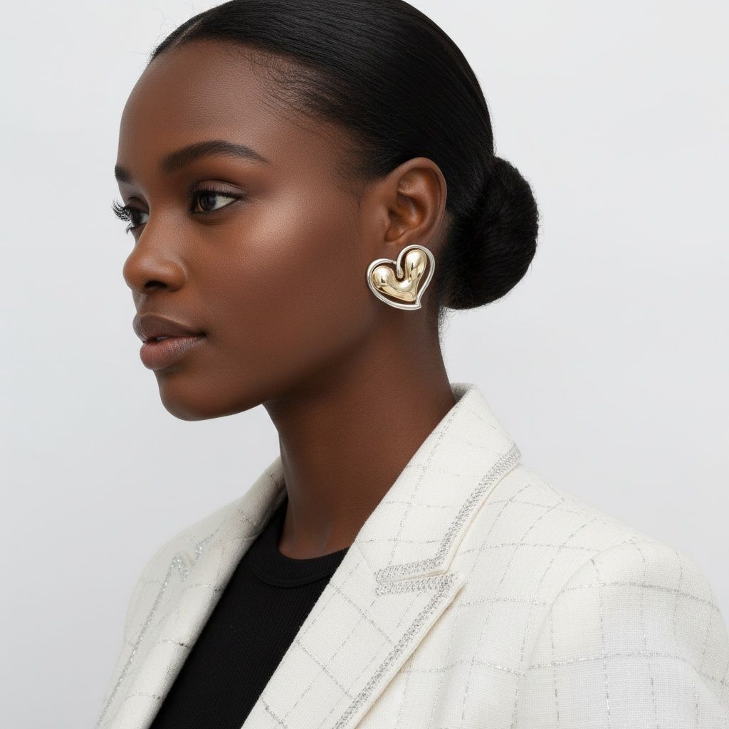 Stud Two Tone Gold Silver Chubby Heart Earrings