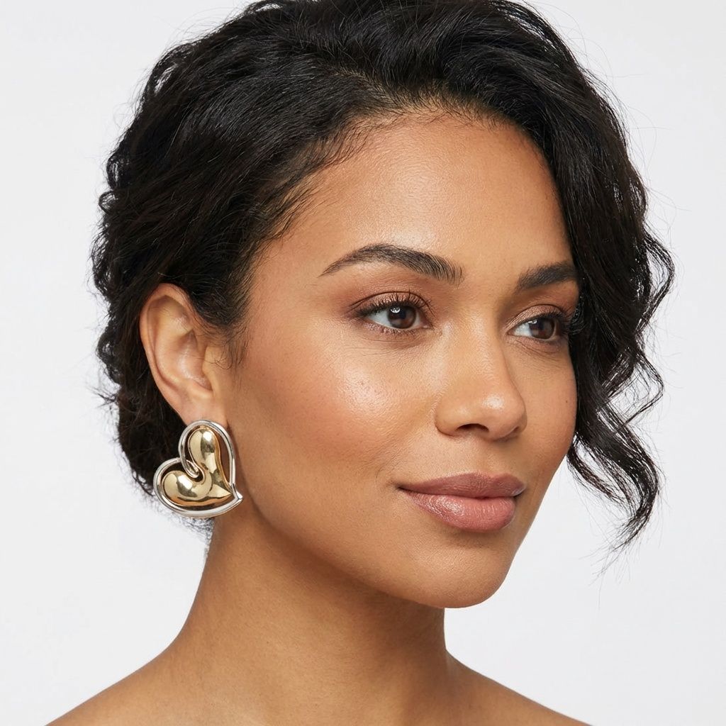 Stud Two Tone Gold Silver Chubby Heart Earrings