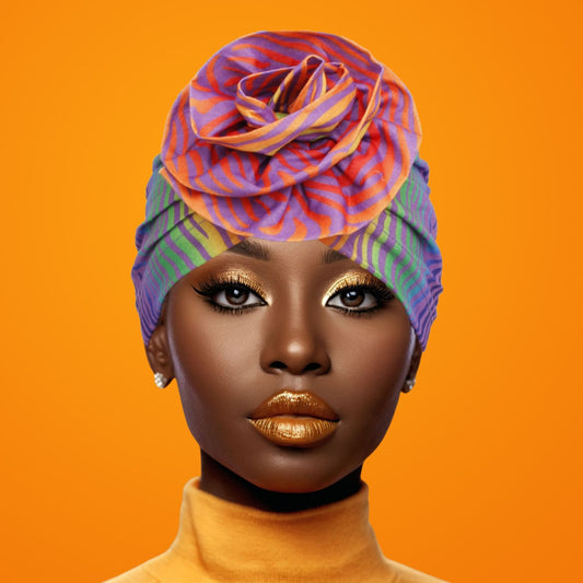 Turban Pre-Tied Flower Orange Purple Zebra Women