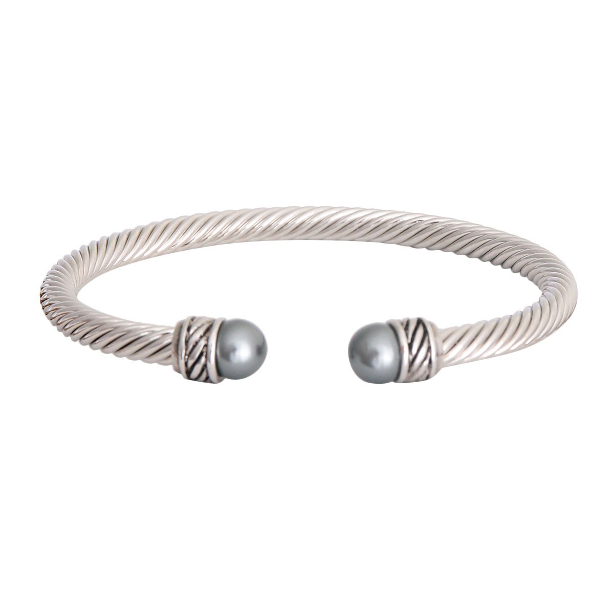 Gray Pearl Silver Twisted Bangle Cable