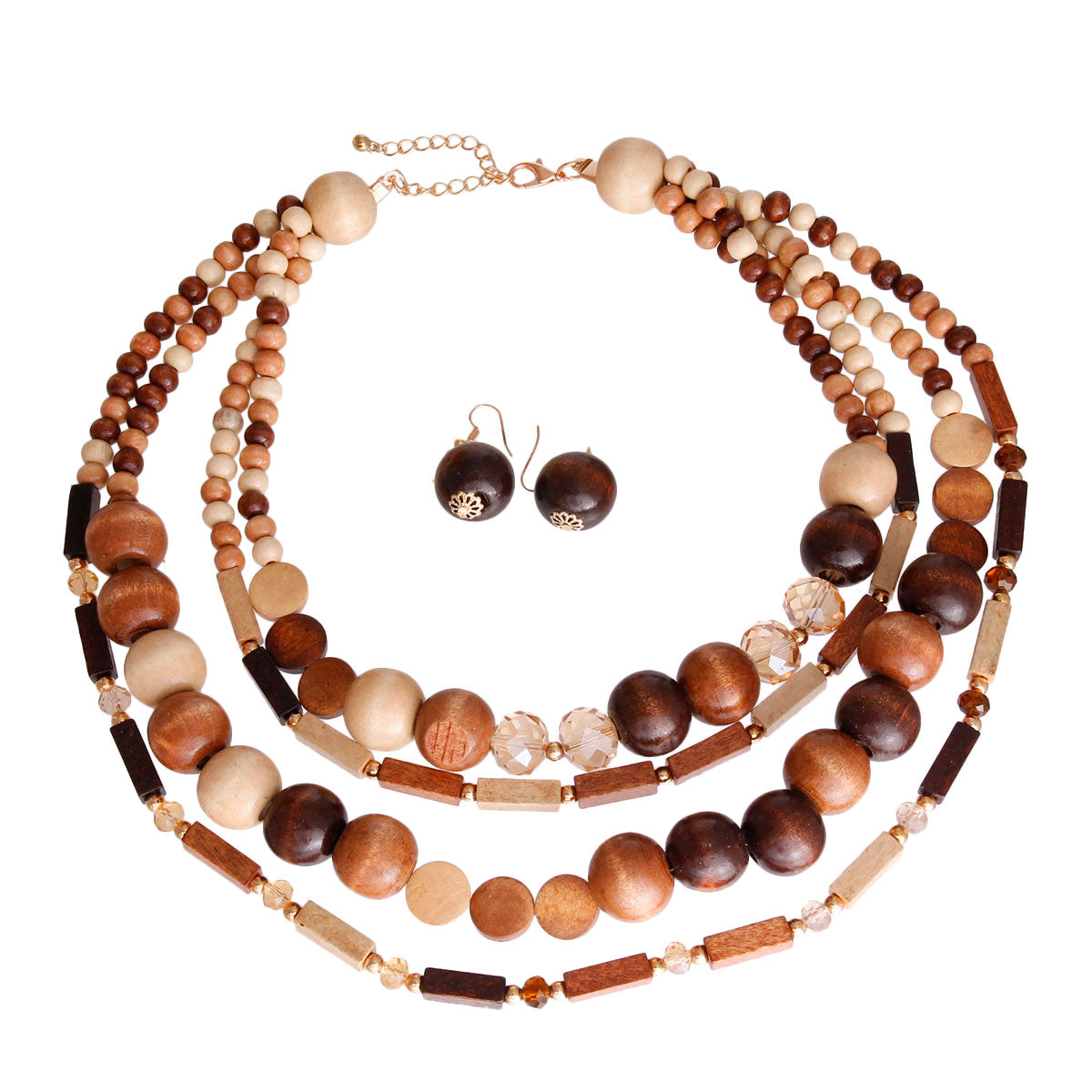 Brown Wooden Bead 4 Strand Necklace