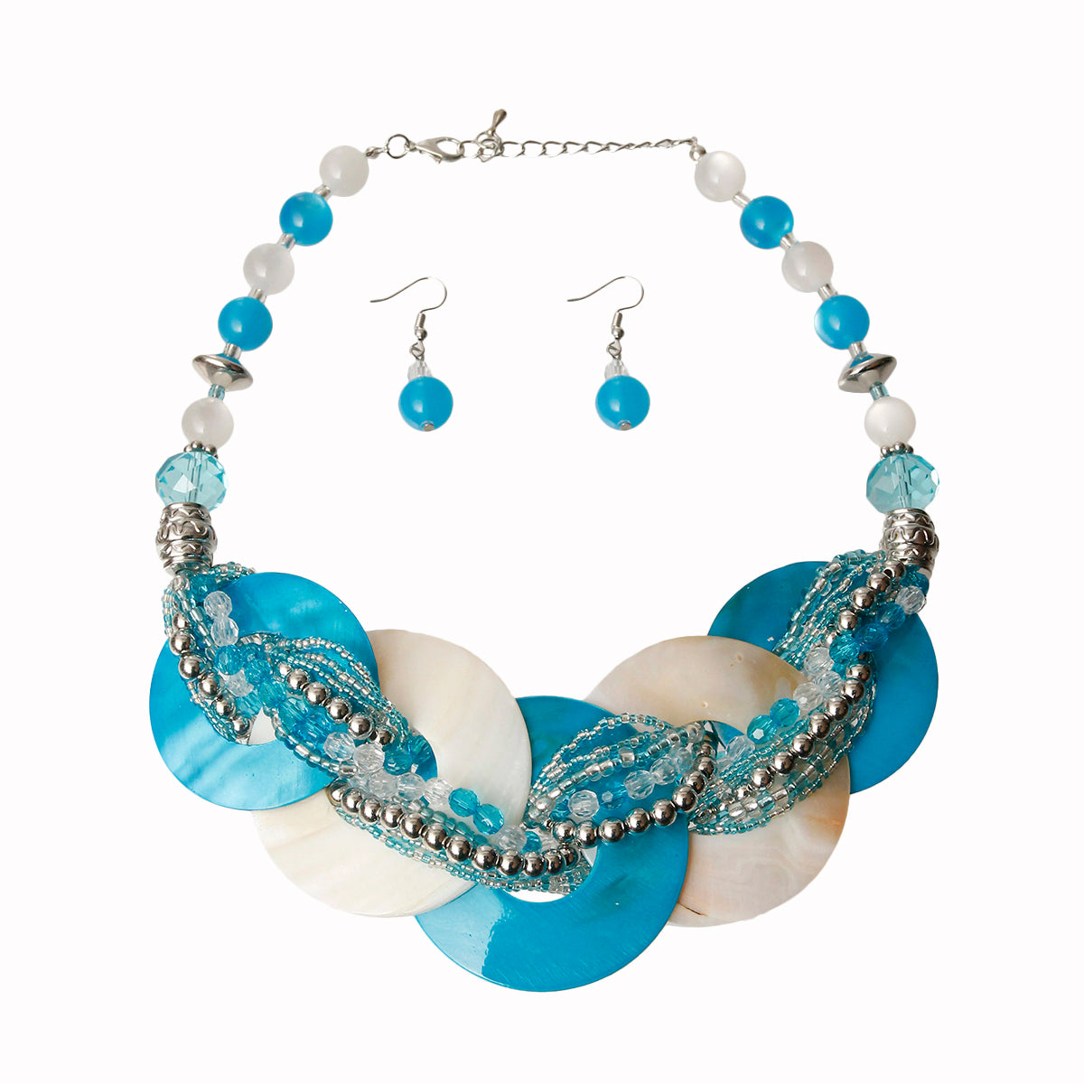 Blue and White Beaded Disc Necklace Set