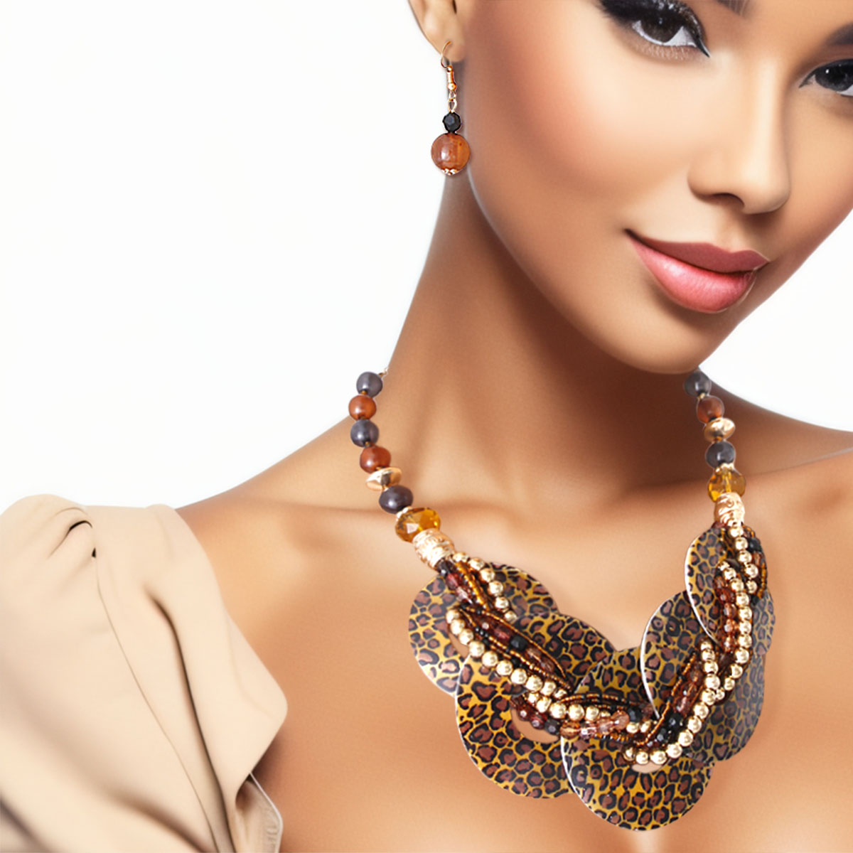 Brown Leopard Beaded Disc Necklace