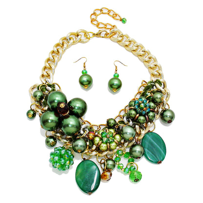 Chunky Green Clustered  Necklace Sets