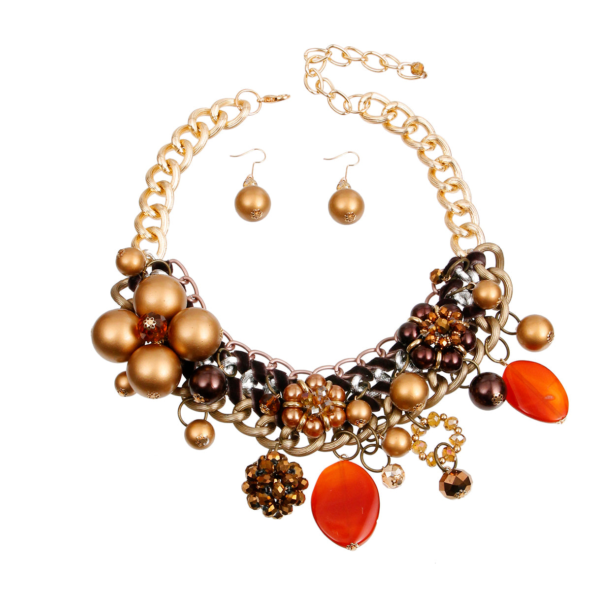 Chunky Chain Brown Pearl, Crystal, and Bead Charm Necklace Set