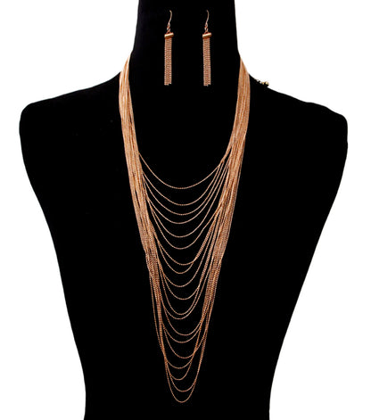 Long Multi Strand  Layered Gold Chain Necklace Set