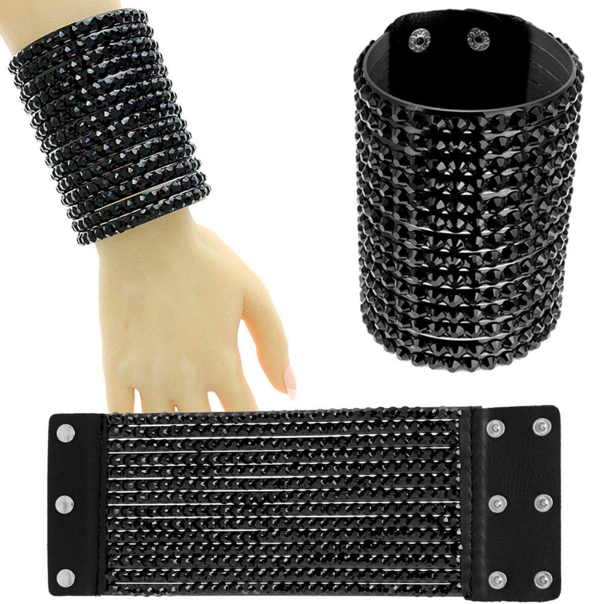 Black Faux Leather Crystal Cuff