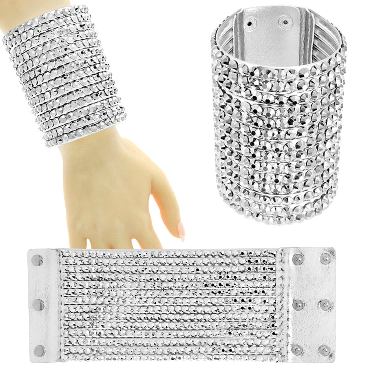 Silver Faux Leather Crystal Cuff