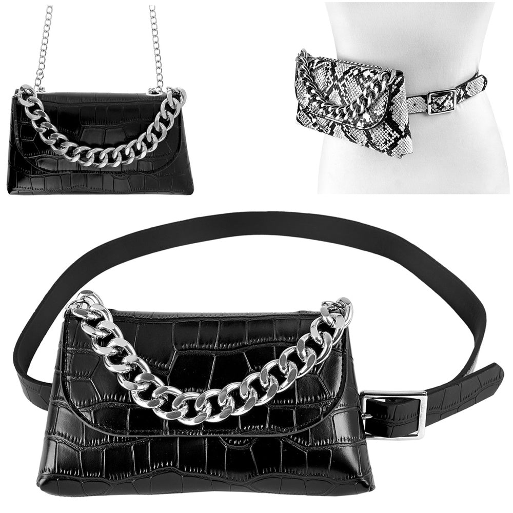 Convertible Black Croc Belt Bag