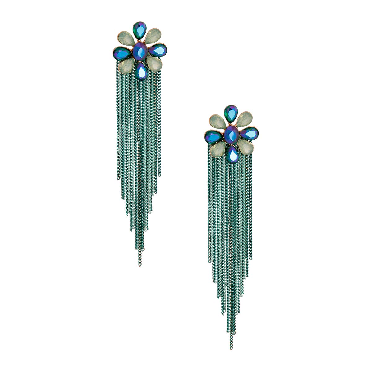 Green Flower and Fringe Earrings