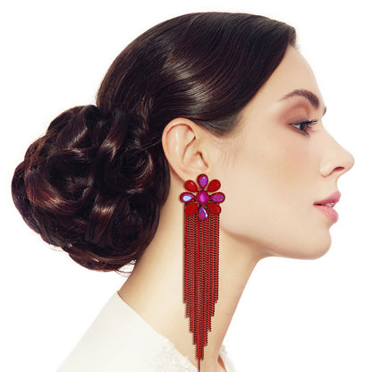 Red Flower and Fringe Earrings